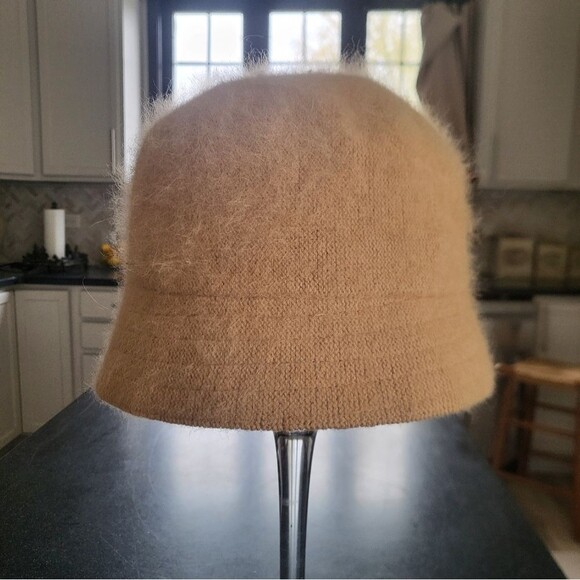 Vintage 90s Streetwear Angora Blend Knit Bucket Hat Cap Tan Womens OS - Picture 1 of 5